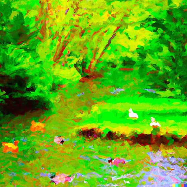 A collection of wild birds and animals at peace in paradise where the green forest is calm in the style of Monet, with a river