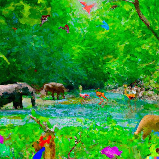 a collection of wild animals at peace in paradise where the green forest is calm in the style of Monet, with a river