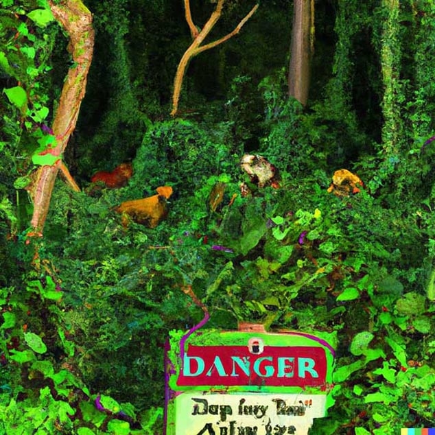 a danger notice overrun with jungle vines in the middle of a forest clearing with worried animals looking on from the distance