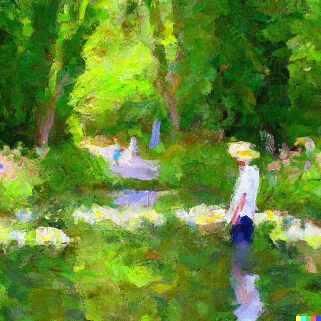a human at peace in paradise where the green forest is calm in the style of monet