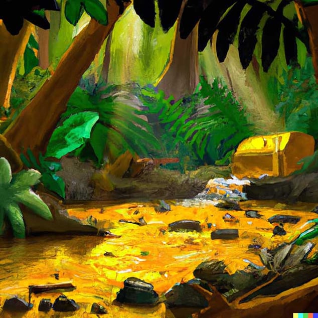 a pile of gold in the middle of a jungle scene with a river in the style of renoir
