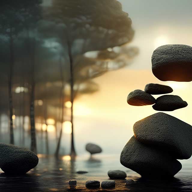 the balance of nature as shown by floating rocks, trees, rain at sunset