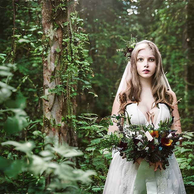 biodiverse instaport style steampunk wedding photography in a diverse green forest with many plants and animals
