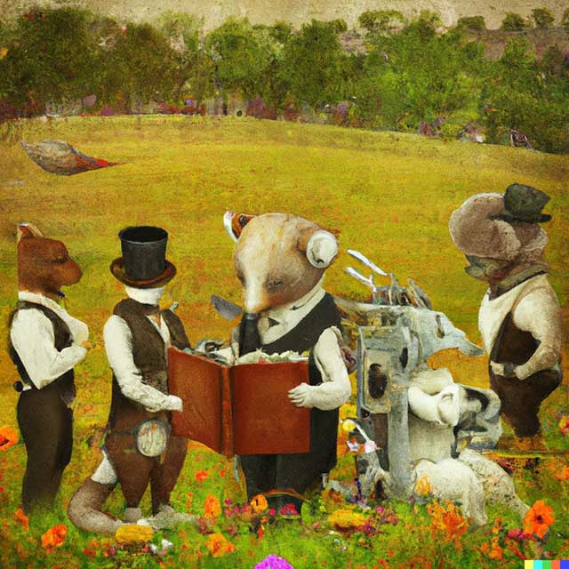 biodiversity meaning: a biodiverse set of animals reading a dictionary in a meadow 