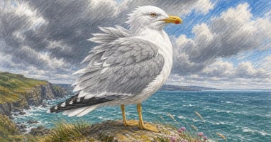 Herring gull perched on coastal cliff edge, painted in Victorian watercolour style