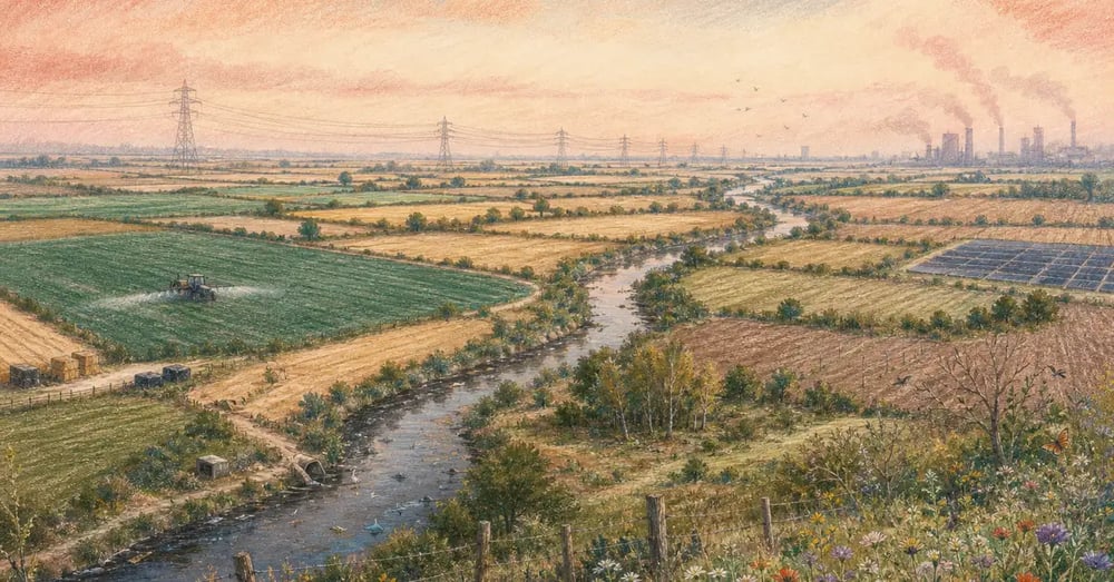 Watercolour view of fragmented UK countryside in 2026 — intensive farmland intersected by hedgerow remnants, a meandering river, power lines, and small fragments of woodland — illustrating the systemic nature of the UK biodiversity crisis.