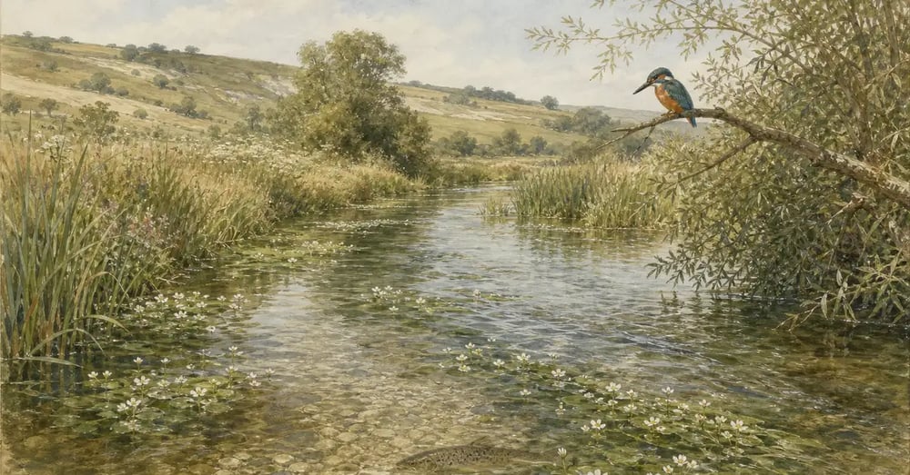 Thorburn-style watercolour of a clear English chalk stream with a brown trout, water crowfoot and a kingfisher