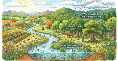 Vibrant landscape showing multiple ecosystem services including pollination, water filtration, and flood regulation