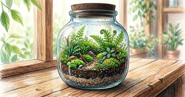 Pencil-crayon illustration of a sealed glass terrarium containing mosses, ferns and small plants with visible condensation and layered substrate
