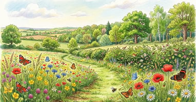 Panoramic pencil-crayon illustration of British countryside biodiversity with wildflower meadow, hedgerow and woodland under a spring sky