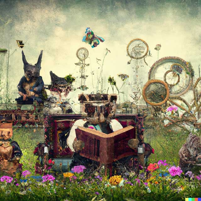 Biodiversity examples: animals reading a book in a meadow 