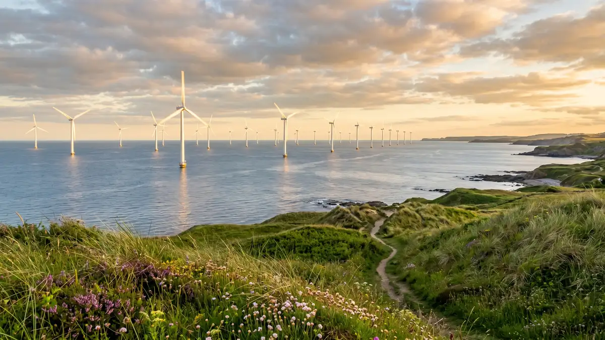 UK offshore wind farm with rows of white wind turbines in calm sea waters with green coastal grassland and wildflowers in the foreground