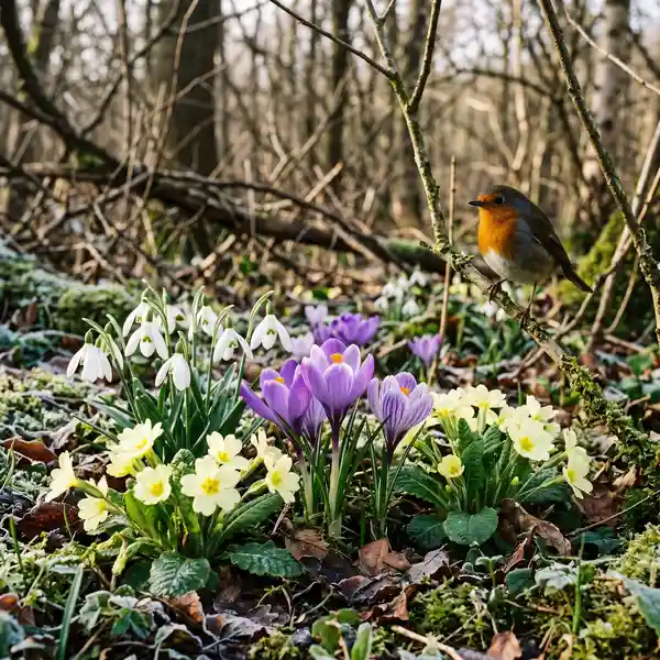 Early spring wildflowers blooming out of season in a British woodland with snowdrops primroses and crocuses flowering simultaneously due to climate change