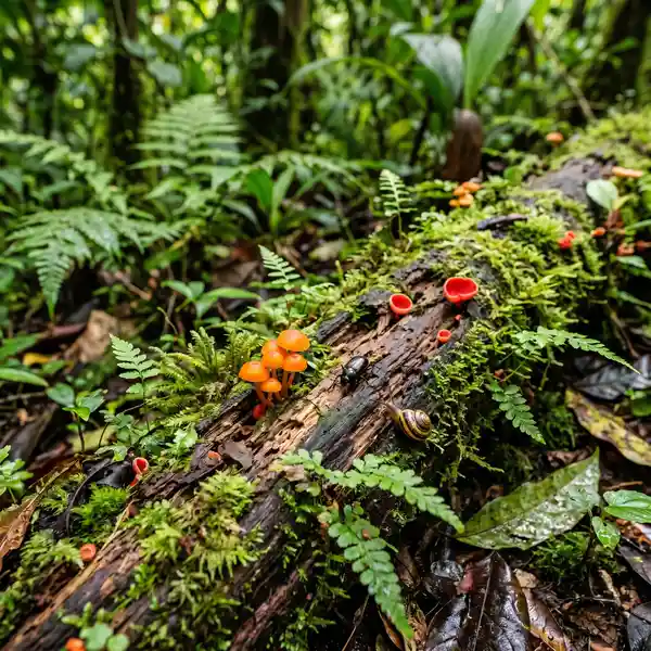 Close-up of tropical forest floor biodiversity showing colourful fungi, ferns and mosses in dappled understory light