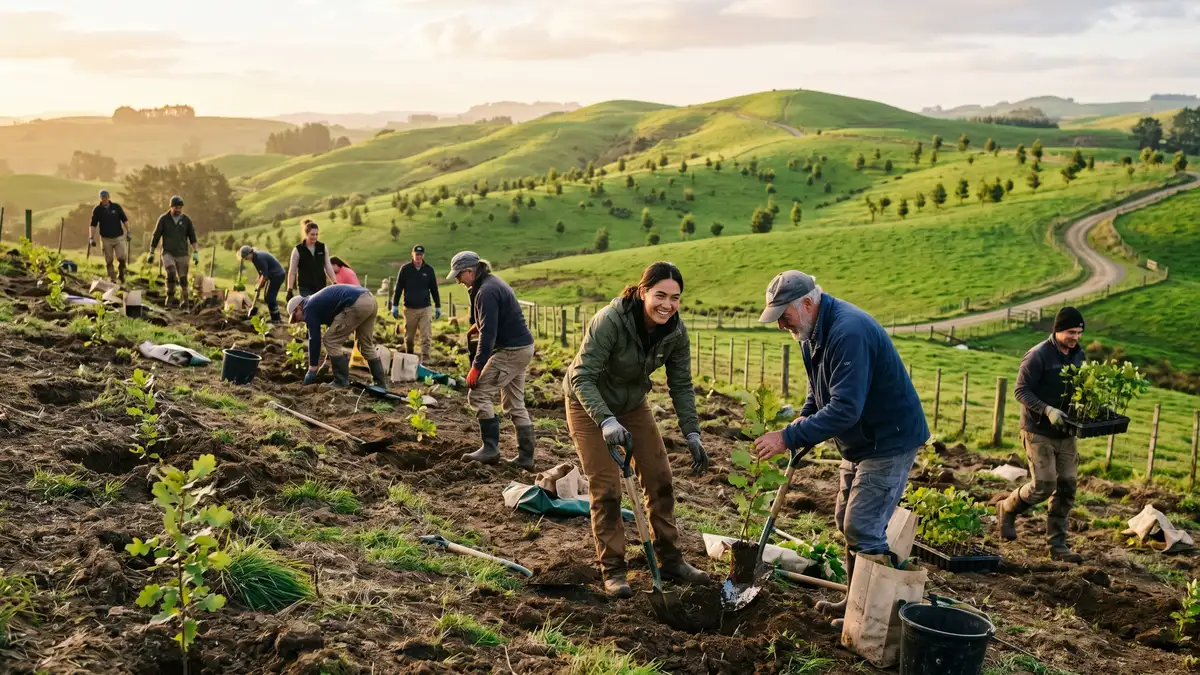 Community workers planting native tree saplings as part of a reforestation effort with green rolling hills in the background