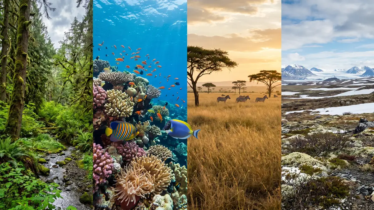 Four contrasting ecosystem types shown side by side from temperate rainforest and coral reef to savanna grassland and Arctic tundra illustrating global ecosystem diversity