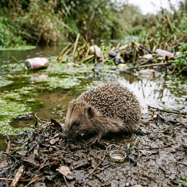 European hedgehog foraging at the muddy edge of a polluted UK stream with algae bloom and litter showing ecosystem degradation in British wildlife habitats