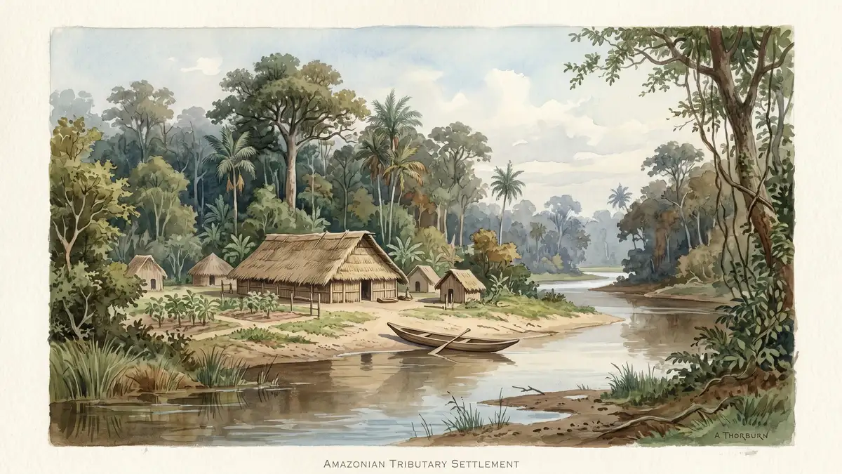 Watercolour depicting an Indigenous community settlement beside an Amazon tributary river surrounded by intact rainforest