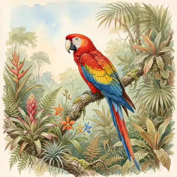 Victorian watercolour of a scarlet macaw perched amid tropical foliage in the Amazon canopy