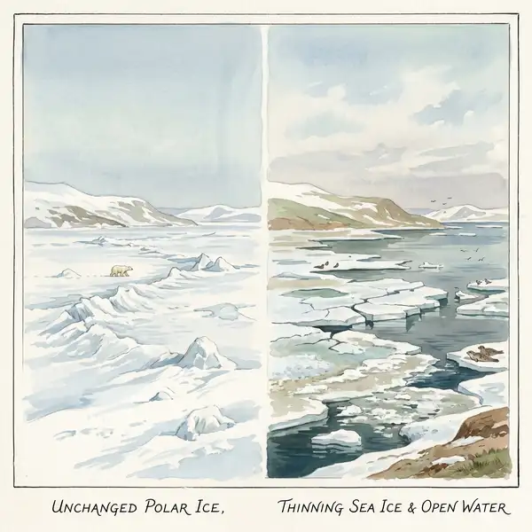 Victorian watercolour of Arctic sea ice breaking apart with dark open water between floes