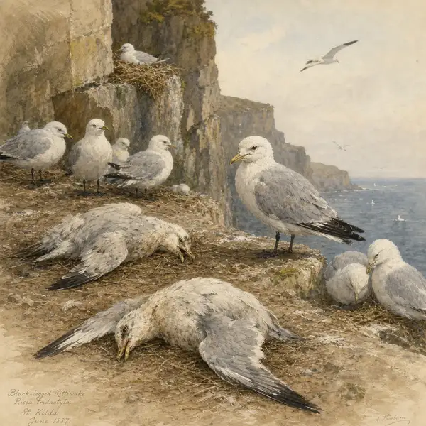 Victorian watercolour of a colony of kittiwakes on a cliff ledge with some birds showing drooped wings representing the devastating impact of avian influenza on UK seabird populations