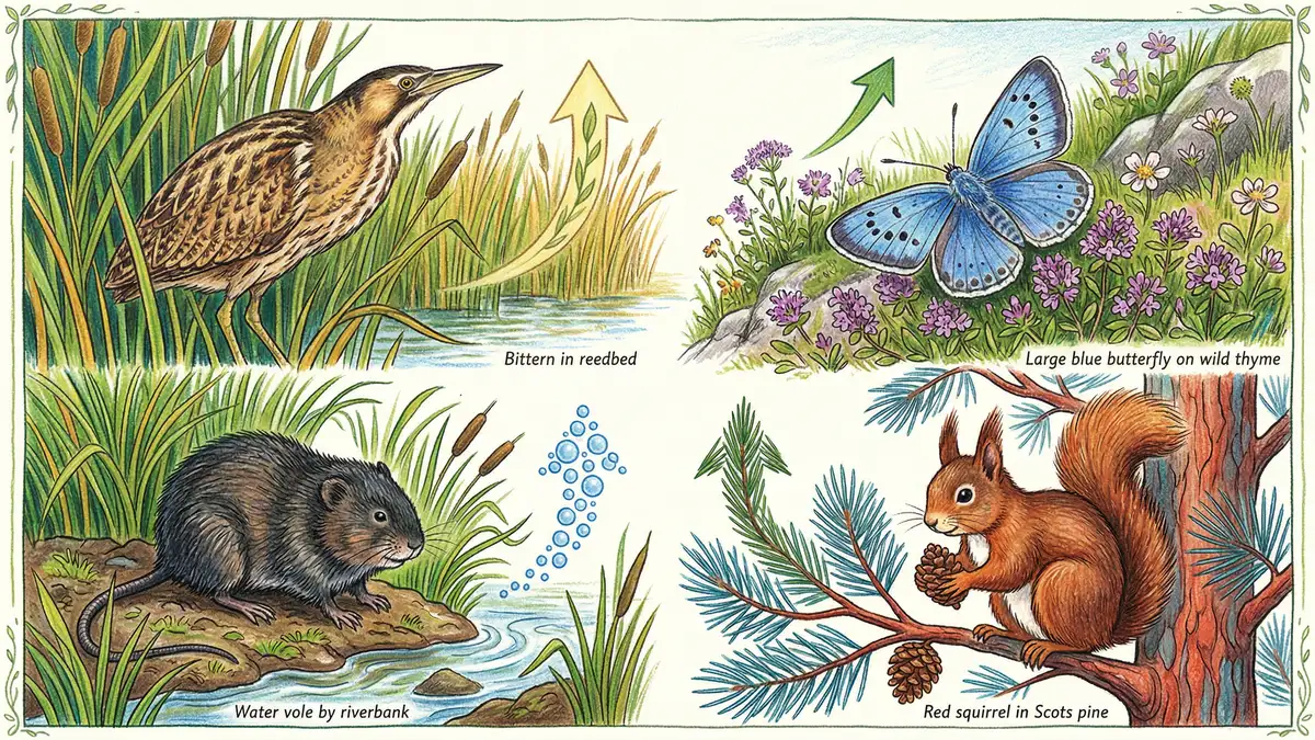 UK BAP priority species including a bittern in reedbed, large blue butterfly, water vole by riverbank, and red squirrel in Scots pine
