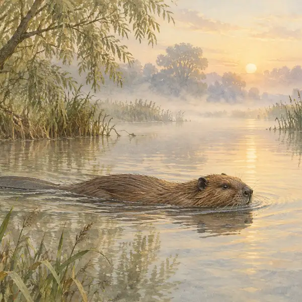 Watercolour of a Eurasian beaver swimming across a misty English river at dawn, willows and reeds on the banks