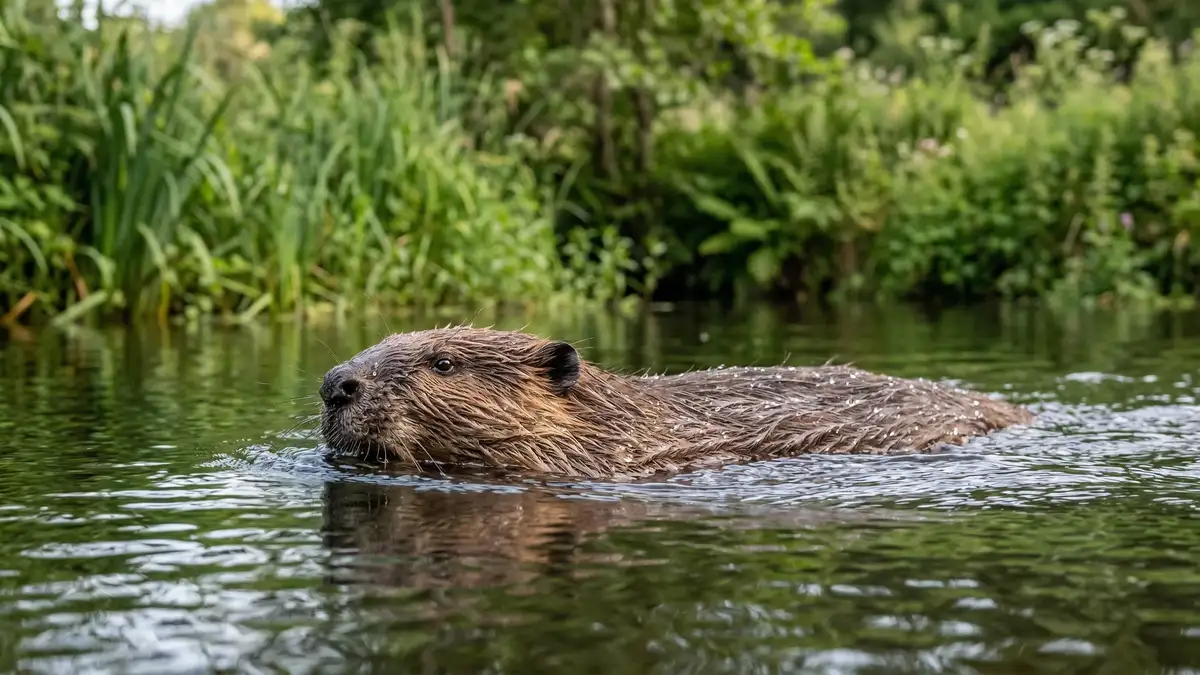 European beaver swimming in a calm English river with lush green vegetation on the banks, representing UK conservation success