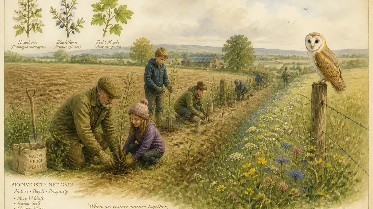 Victorian watercolour of community volunteers planting native wildflowers in a UK nature reserve, with children learning about butterflies, representing the social and educational benefits of biodiversity conservation