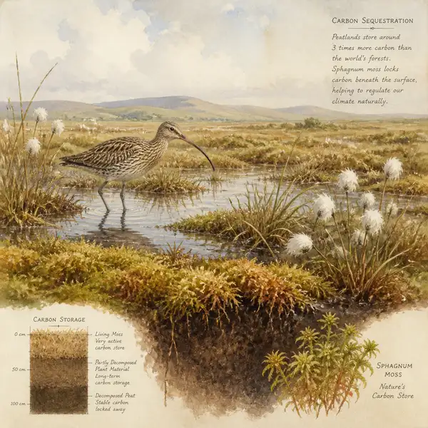 Victorian watercolour of a restored UK peatland landscape with cotton grass, sphagnum moss, and curlew, illustrating the carbon storage benefits of biodiverse wetlands