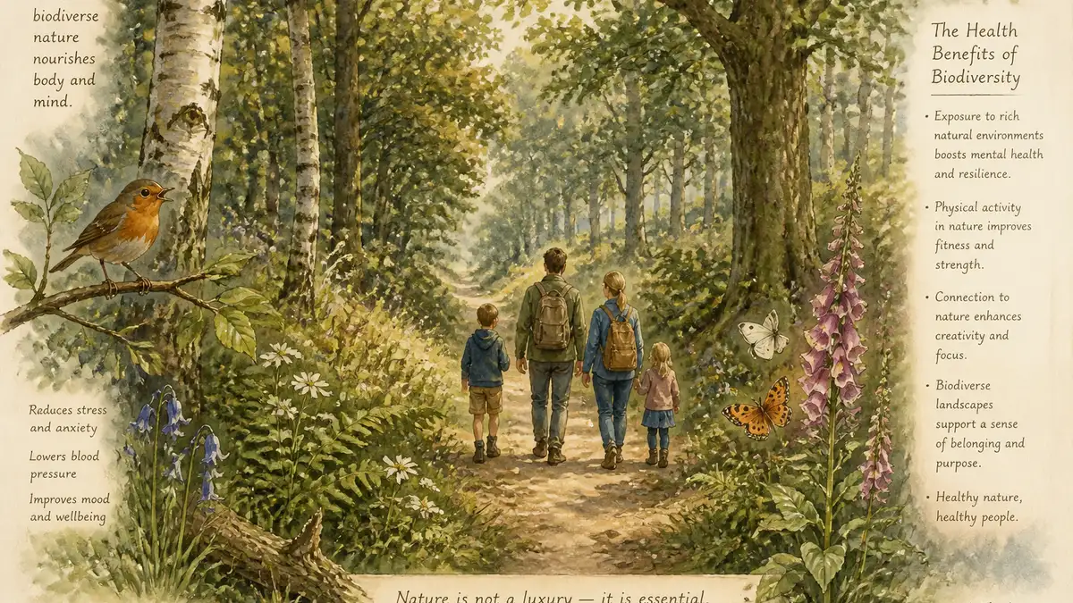 Victorian watercolour illustration of a family walking through a biodiverse British woodland, surrounded by wildflowers and birdsong, representing the health benefits of nature access