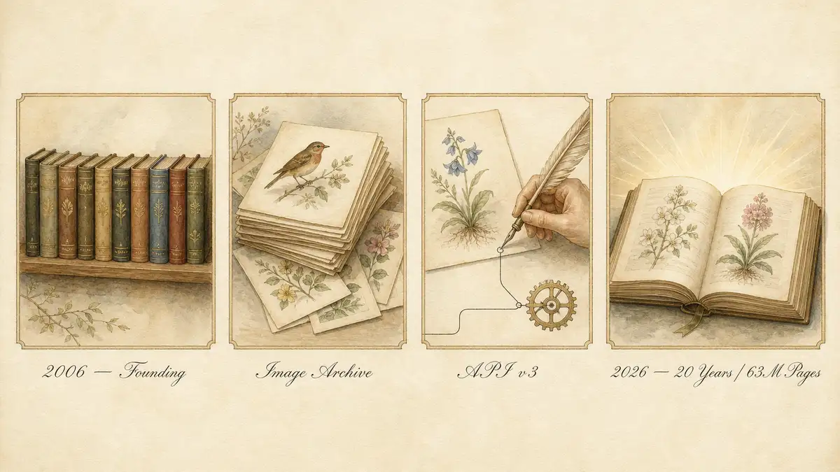 Watercolour timeline study showing four key Biodiversity Heritage Library milestones — 2006 founding by ten libraries, the launch of the Flickr image archive, the v3 API release, and the 2026 twentieth-anniversary milestone of more than 63 million pages digitised.