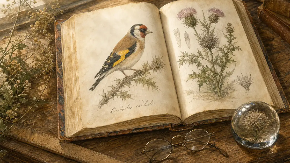 Watercolour study of an open antiquarian natural history book on a wooden reading desk, with a hand-coloured bird plate visible beside a botanical engraving — illustrating the kind of historic material the Biodiversity Heritage Library digitises and shares as open-access scans.