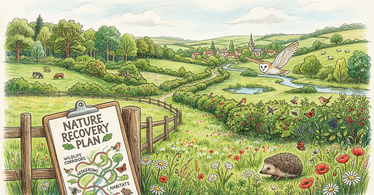 British countryside landscape with rolling green hills, hedgerows, wildlife corridors, and native wildlife including a hedgehog and barn owl