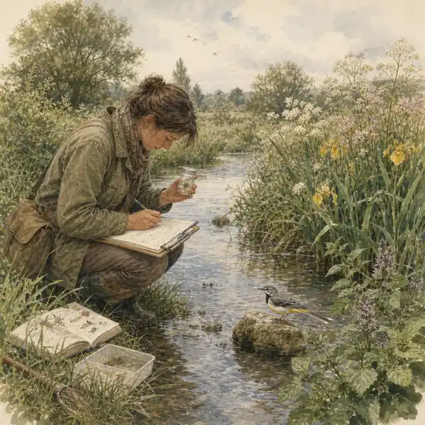 Watercolour study of a citizen scientist recording freshwater invertebrates by a UK chalk stream with notebook, clipboard, specimen jar, and a grey wagtail — illustrating individual contribution to UK biodiversity monitoring.
