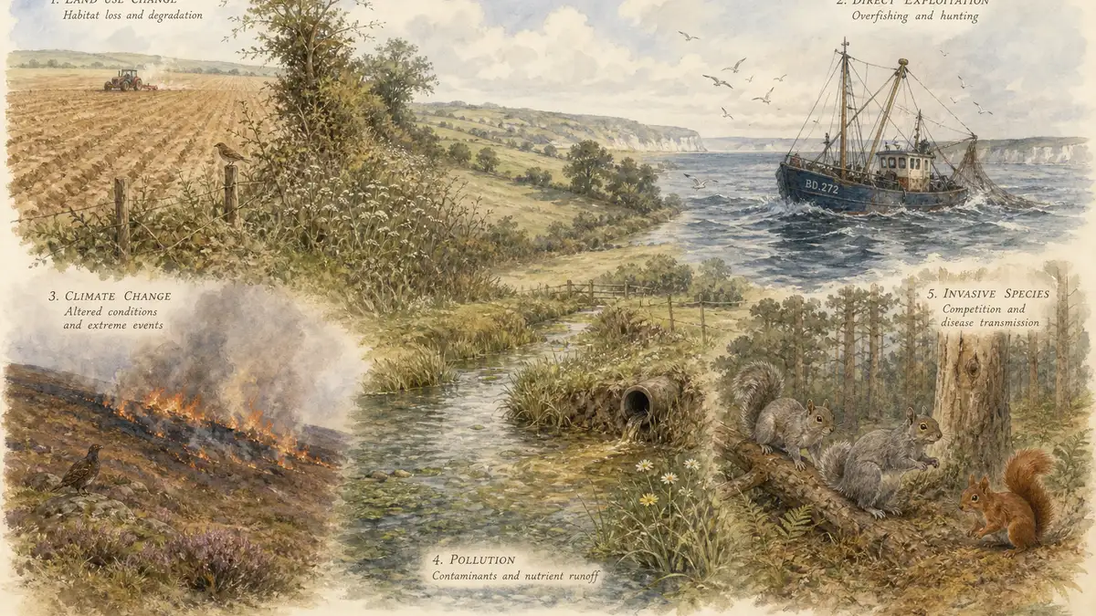 Watercolour composite showing the five drivers of UK biodiversity loss — intensive farmland meeting hedgerow remnants, coastal fishing trawler, upland fire, agricultural runoff into a chalk stream, and grey squirrels displacing a red squirrel.