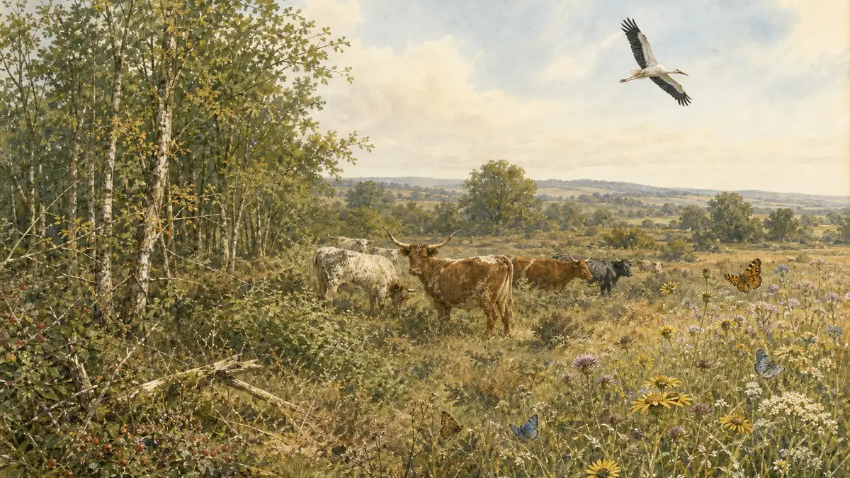 Watercolour view of a UK rewilding landscape — Knepp-style scrub mosaic with longhorn cattle, regenerating woodland, wildflower meadow, butterflies in flight, and a stork overhead — illustrating that landscape-scale biodiversity recovery is documented and possible.