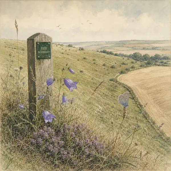Watercolour study of a UK chalk grassland SSSI with a boundary marker post, harebells, wild thyme, and a chalkhill blue butterfly — illustrating the small effective footprint of UK 30 by 30 protection on land.
