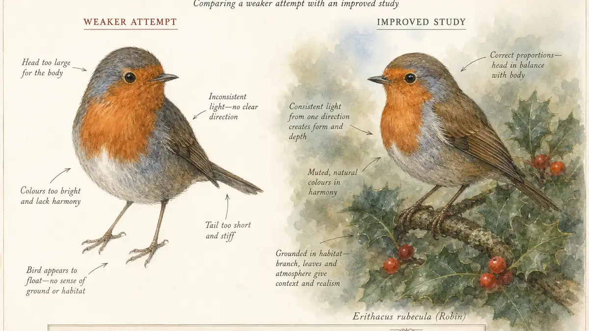 Watercolour side-by-side comparison of a robin drawn two ways — a weaker amateur version with poor proportions and floating background, next to an improved version with consistent light, habitat context, and species label.