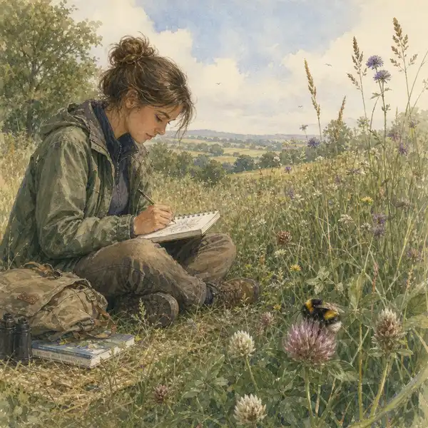 Watercolour study of a UK student sketching outdoors beside a wildflower meadow with a bumblebee on a clover head in foreground — illustrating field observation as the foundation of biodiversity drawing.