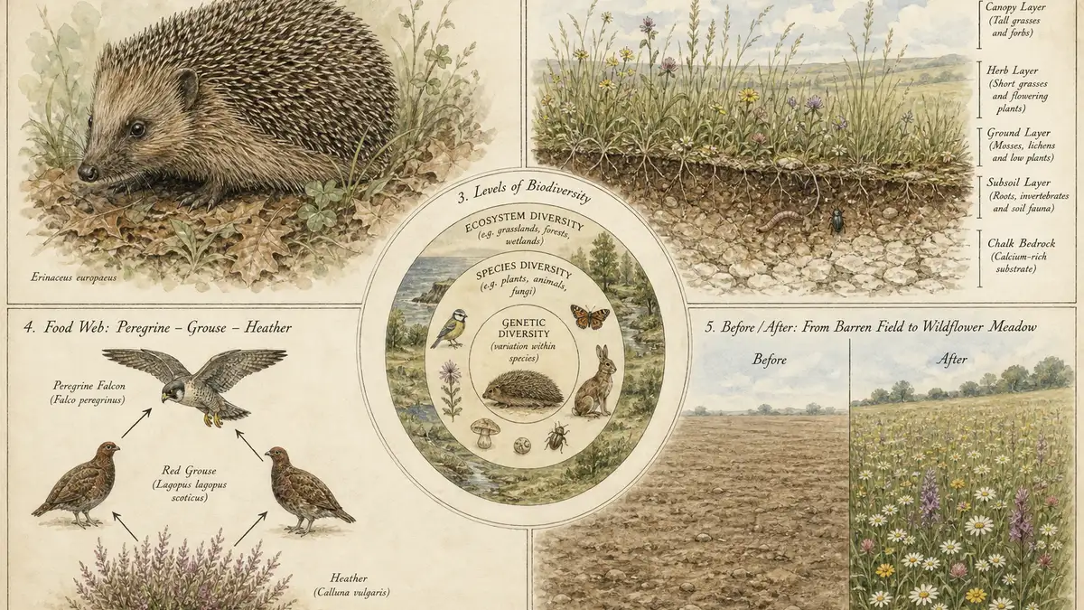 Watercolour study sheet showing five biodiversity drawing subject types — species portrait, habitat cross-section, levels-of-biodiversity wheel, food web, and before/after panel — each labelled in italic ink for UK student reference.