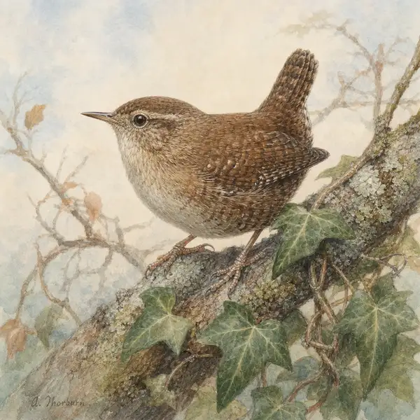 Watercolour portrait of a European wren on an ivy-covered branch, painted in Archibald Thorburn style — a portfolio-quality example of how a finished single-species biodiversity drawing should look.