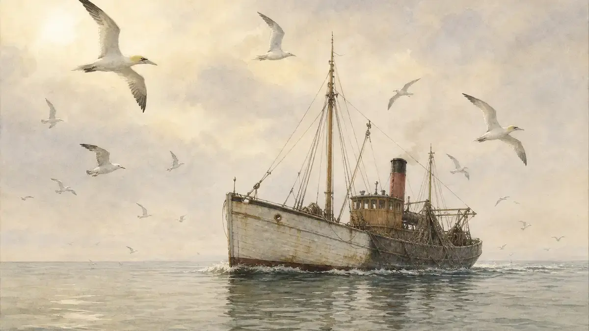 Watercolour study in Archibald Thorburn style of a North Sea trawler at dawn with seabirds wheeling above the wake — illustrating direct exploitation as the dominant driver of marine biodiversity loss in UK waters.