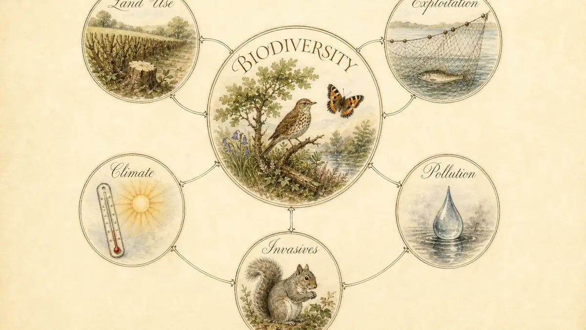 Watercolour diagram in Archibald Thorburn style showing the five drivers of biodiversity loss as interlinked labelled vignettes — land-use change at centre with arrows connecting to climate change, pollution, exploitation, and invasive species — illustrating how the drivers reinforce one another.