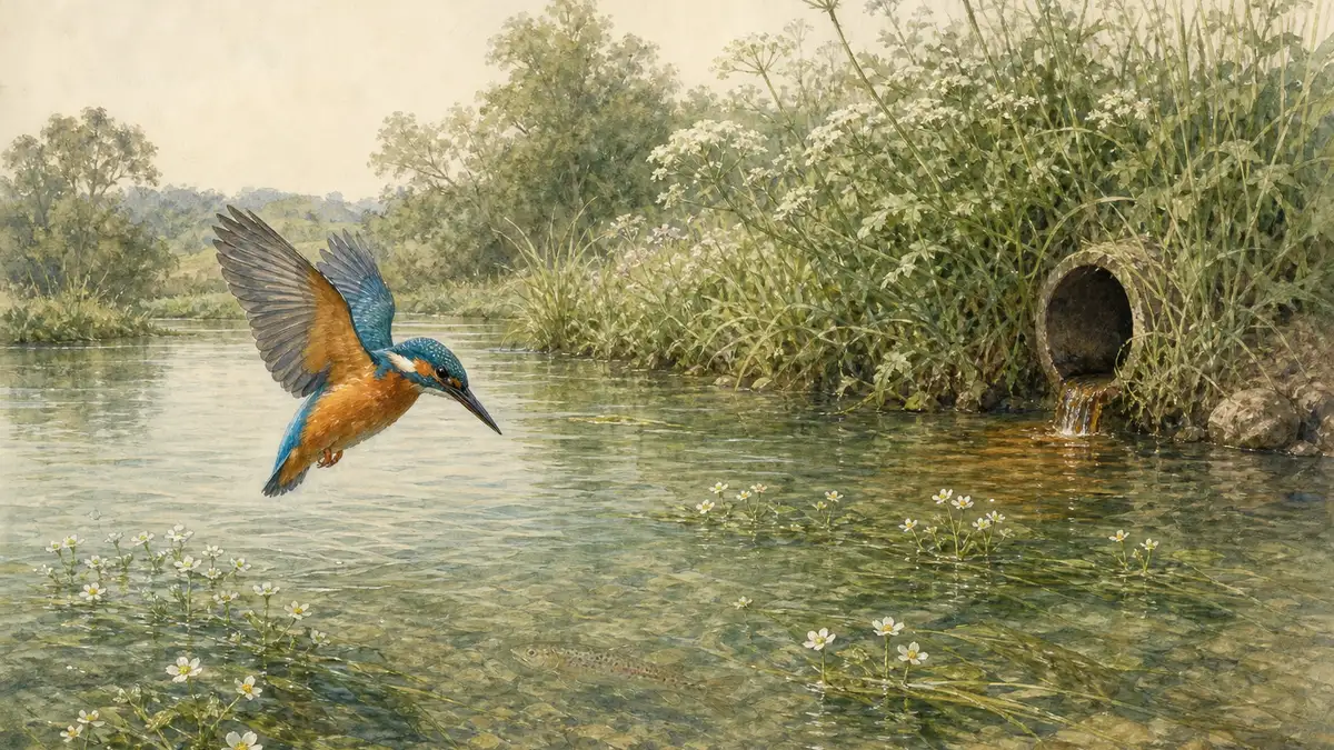 Watercolour study in Archibald Thorburn style of an English chalk stream with kingfisher and water crowfoot beside a small stormwater outflow on the riverbank — illustrating freshwater pollution as a chronic driver of UK biodiversity loss.