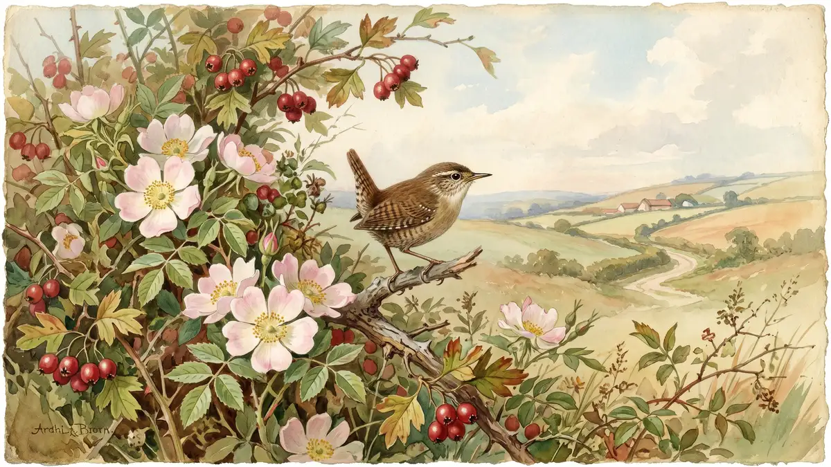 Victorian watercolour illustration of a British hedgerow in summer bloom with dog roses and a wren perched among branches