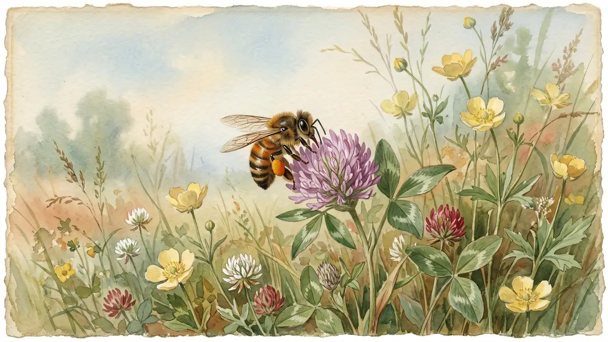 Victorian watercolour illustration of a honeybee visiting wildflowers in an English meadow with clover and buttercups