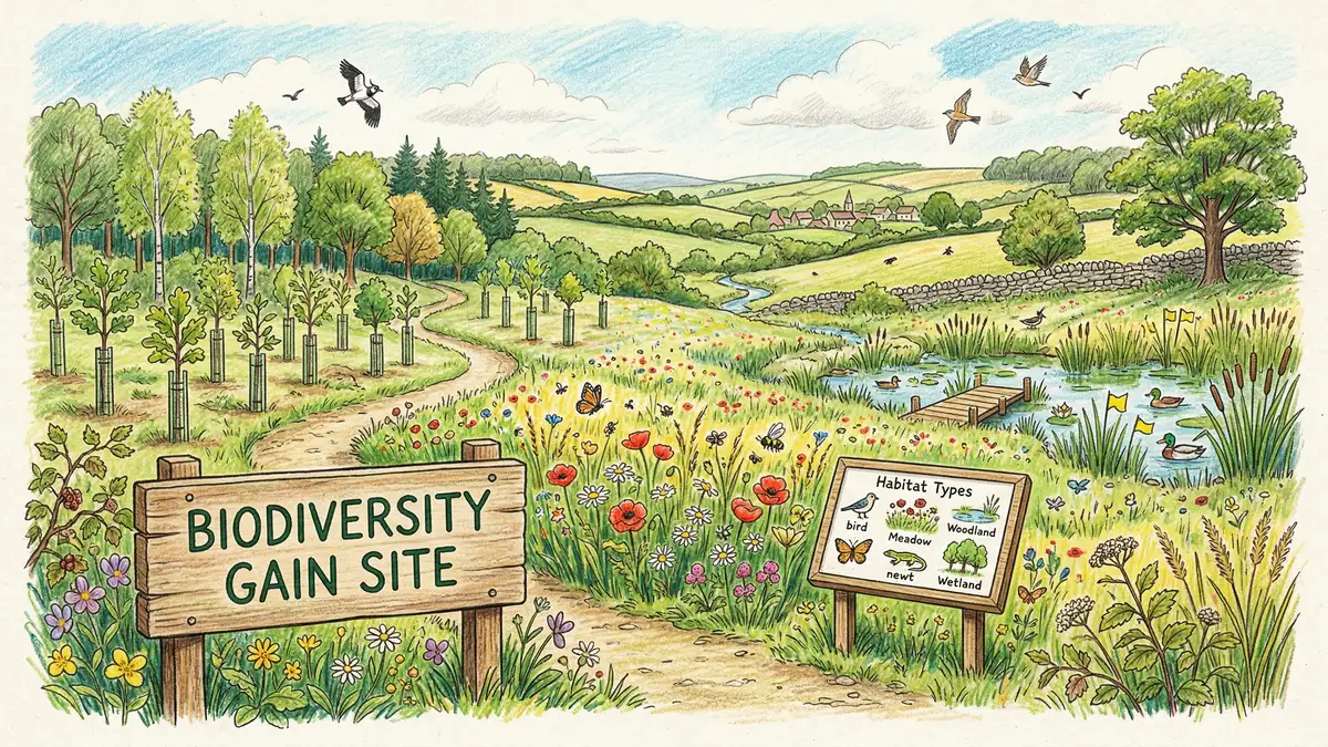 Registered biodiversity gain site showing restored wildflower meadow and native tree planting alongside a development boundary
