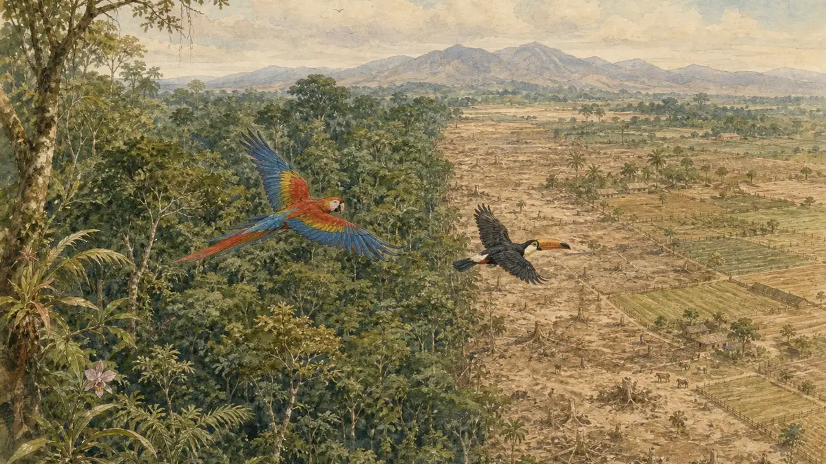 Aerial watercolour view of the boundary between intact tropical primary forest and cleared agricultural land, with a scarlet macaw and toucan crossing the disrupted ecological corridor in a biodiversity hotspot.