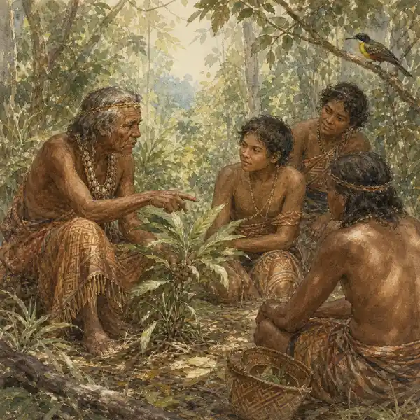 Indigenous community gathered in a forest clearing — an elder teaching a younger person about plants — illustrating community-led biodiversity conservation in tropical hotspot regions.